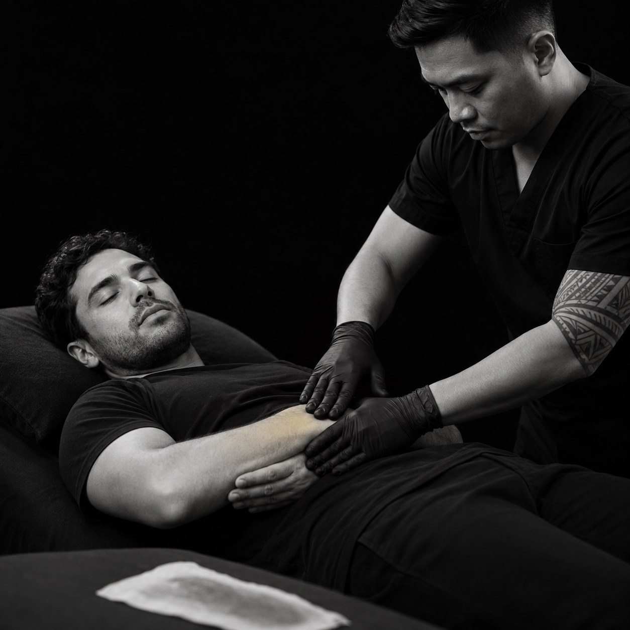 Black and white photograph of an esthetician pressing a flat gloved palm onto a client's forearm immediately after a wax strip, the client lying calm with eyes closed.