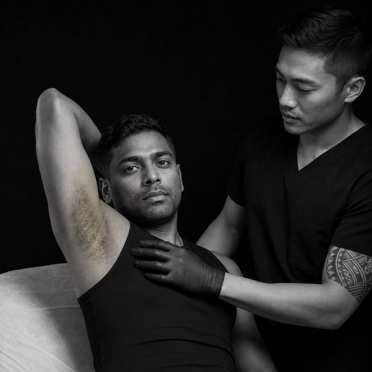 A client raises an arm to show underarm skin affected by hidradenitis suppurativa while an esthetician examines the area