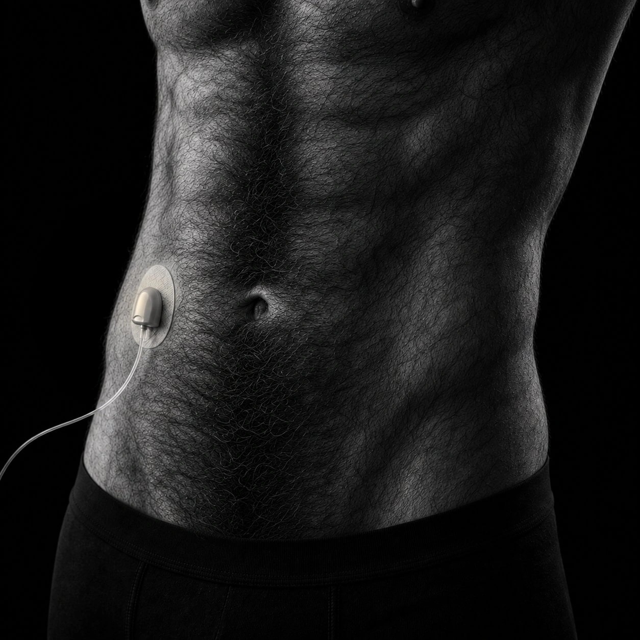 Black and white close-up of an insulin pump cannula and adhesive patch on the skin of a bare abdomen.