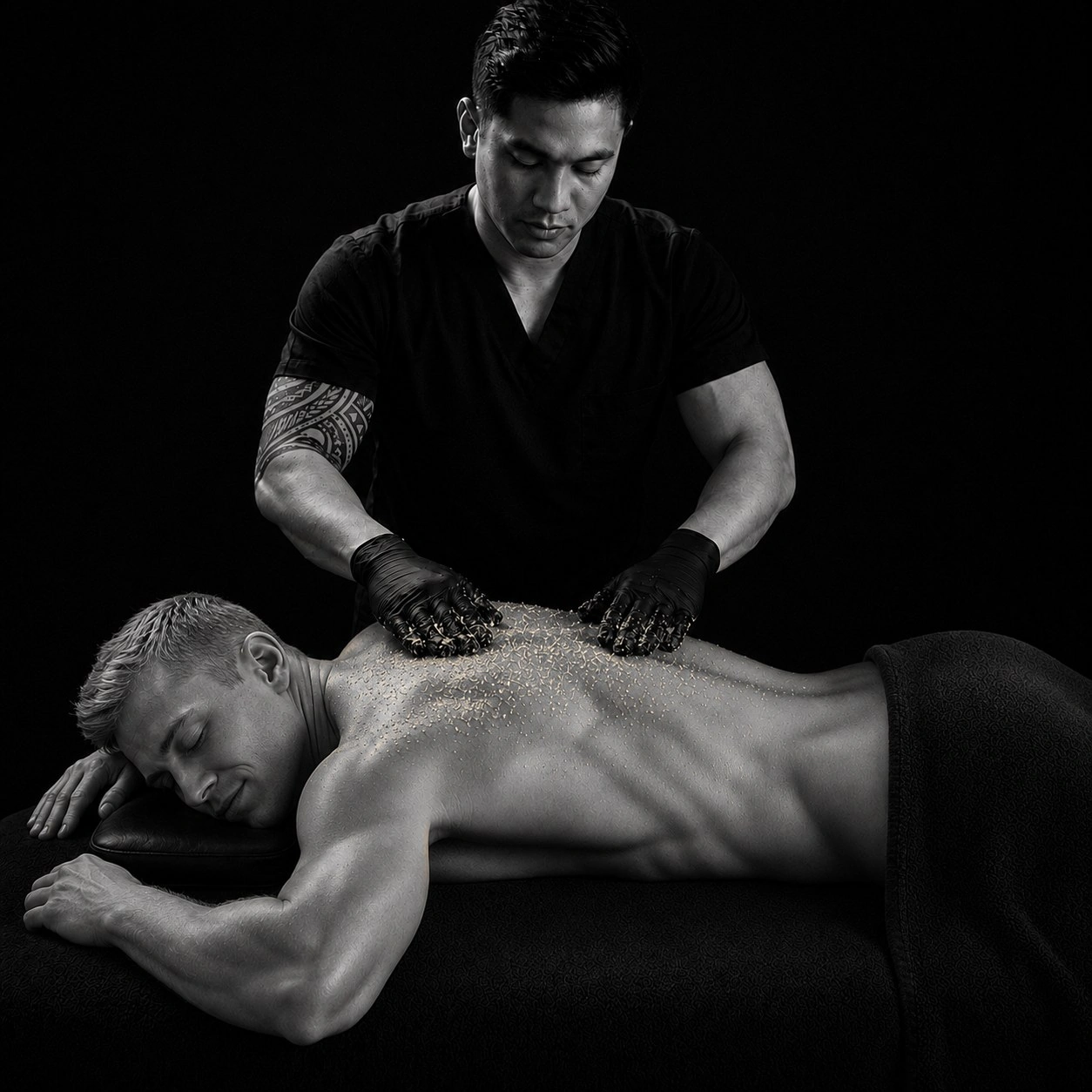 Black and white photograph of an esthetician in black scrubs and gloves working a sugar scrub across a client's back on a treatment table.