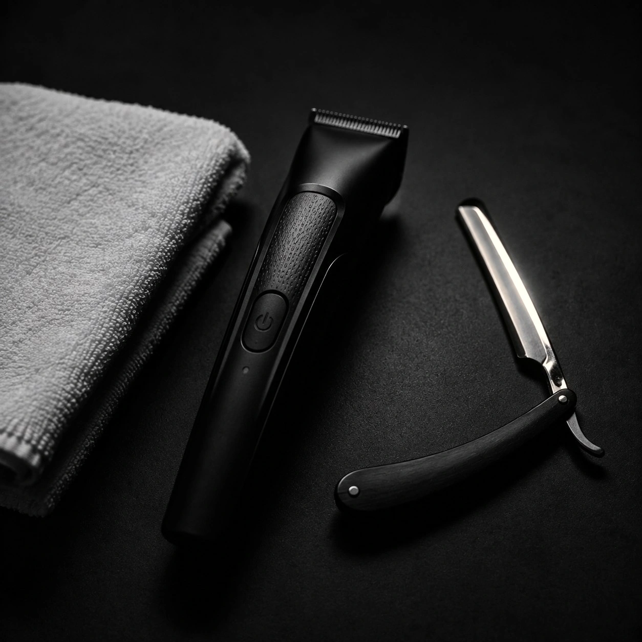 A cordless hair clipper and a straight razor on a dark surface beside a folded grey towel