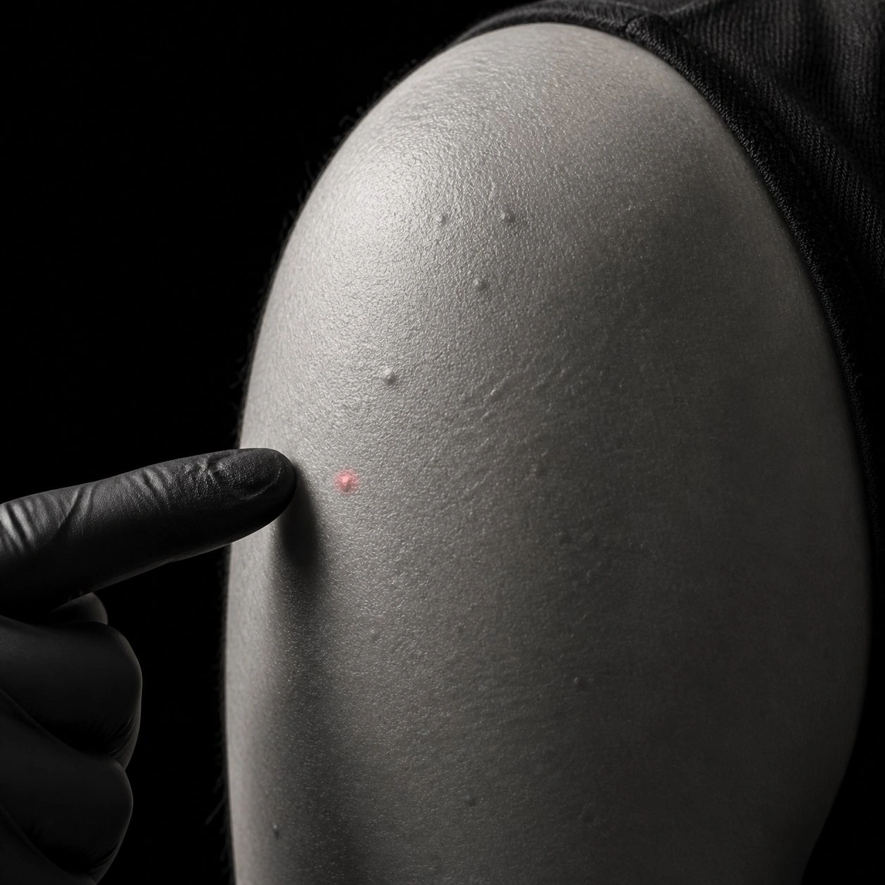 A gloved finger pointing to a single inflamed ingrown hair bump on a bare shoulder