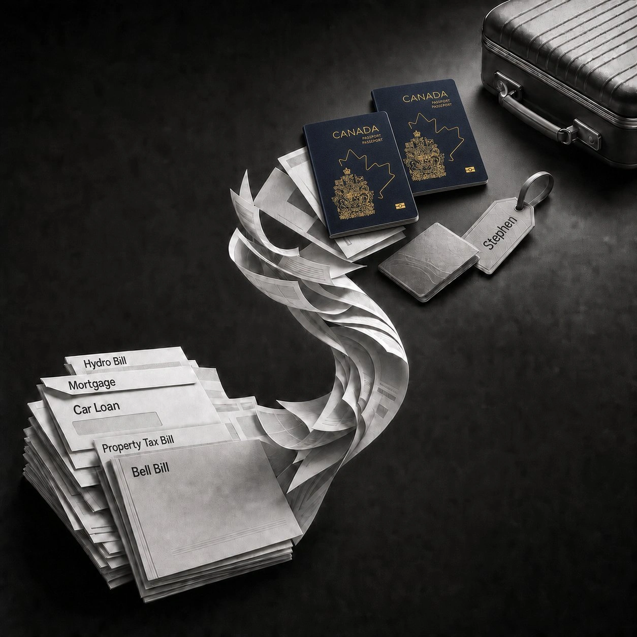 A stack of labelled Canadian household bills with a curling receipt, beside two Canadian passports and a suitcase