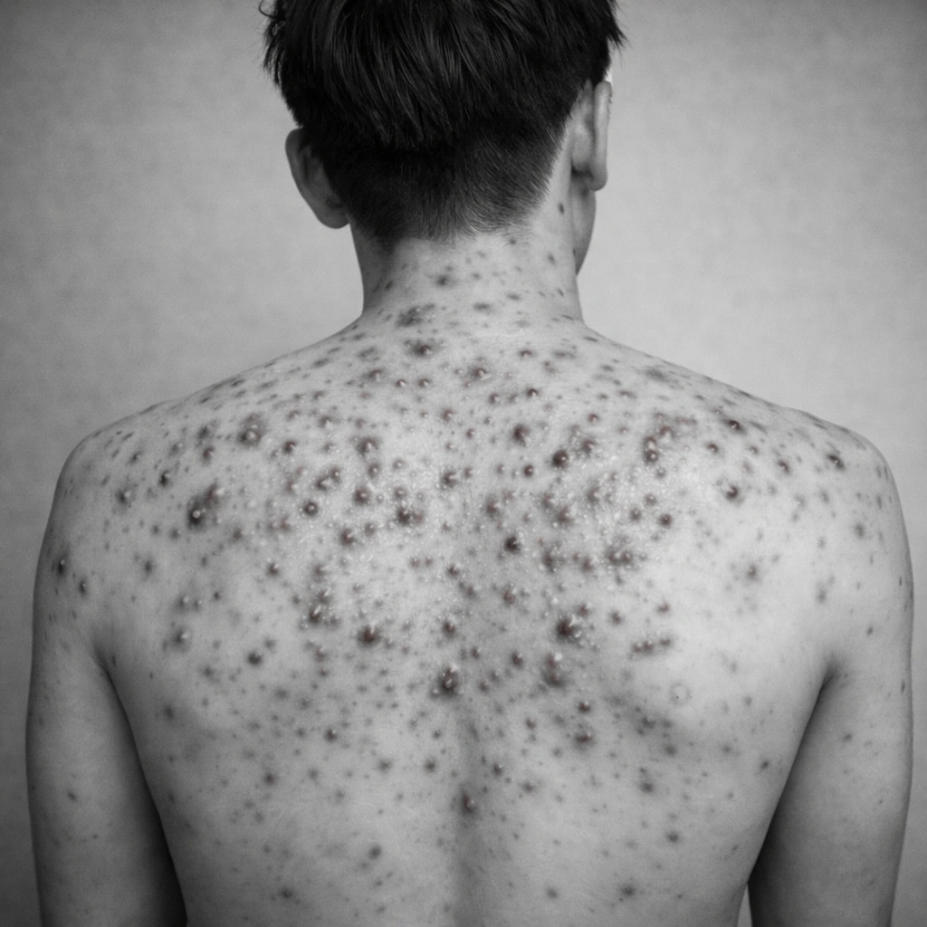 A bare back covered in widespread inflamed acne lesions and scarring