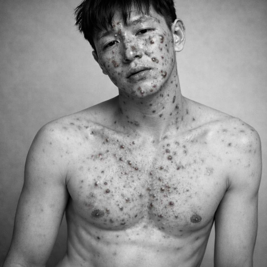 chinese man with very bad acne on this face and upper body