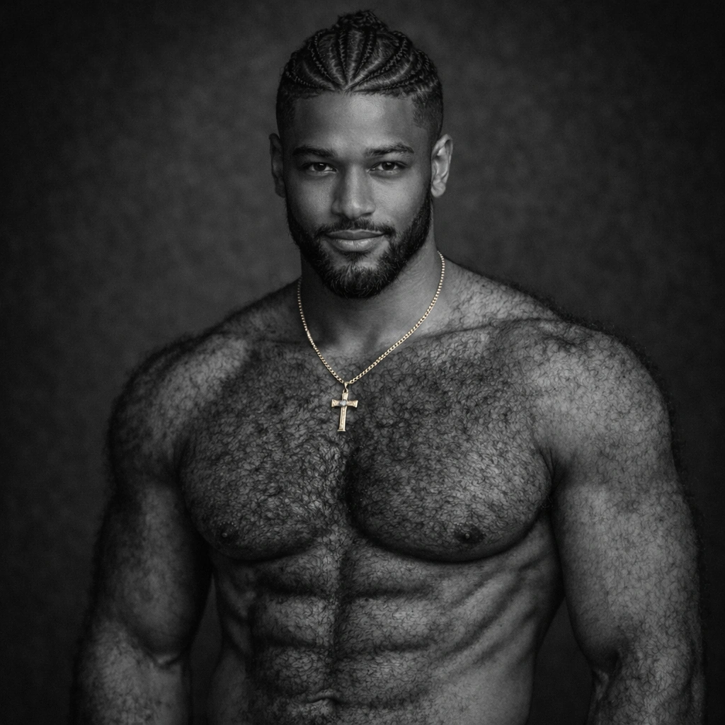 hairy black man waist up and esthetician performing laser treatment on a black man