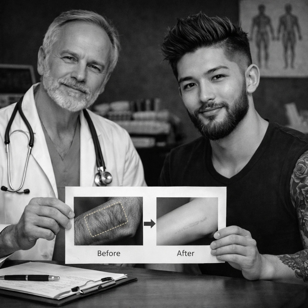 doctor with patient showing a diagram for Gender Affirmation Surgery