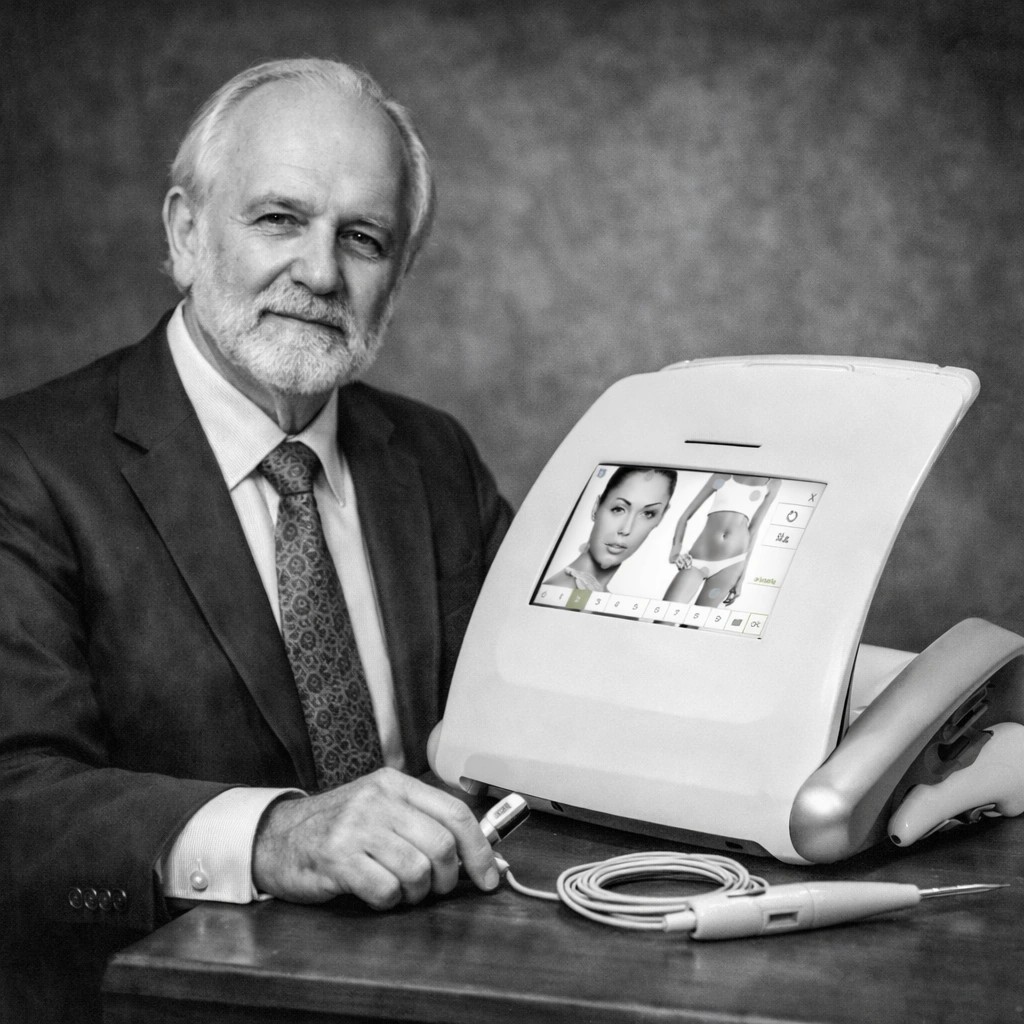 An older man in a suit seated beside a modern Apilus electrolysis console with its screen lit