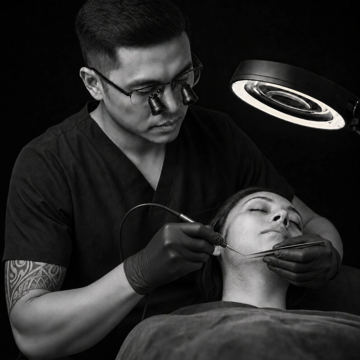 Black and white photograph of an electrologist in black scrubs and gloves treating hormonally driven facial hair along a client's jawline under a magnifying lamp.