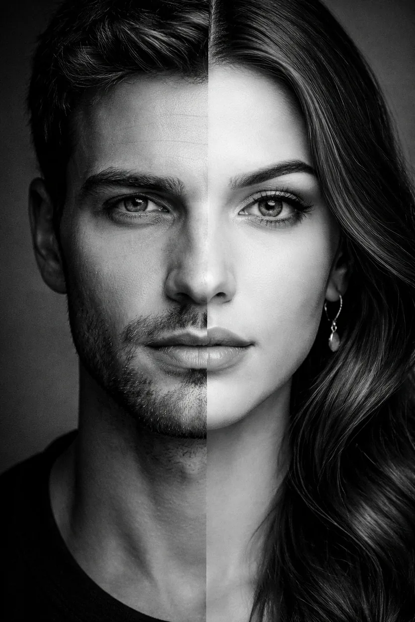 black and white photo of a face half man and half woman and a butterfly from cocoon to butterfly process