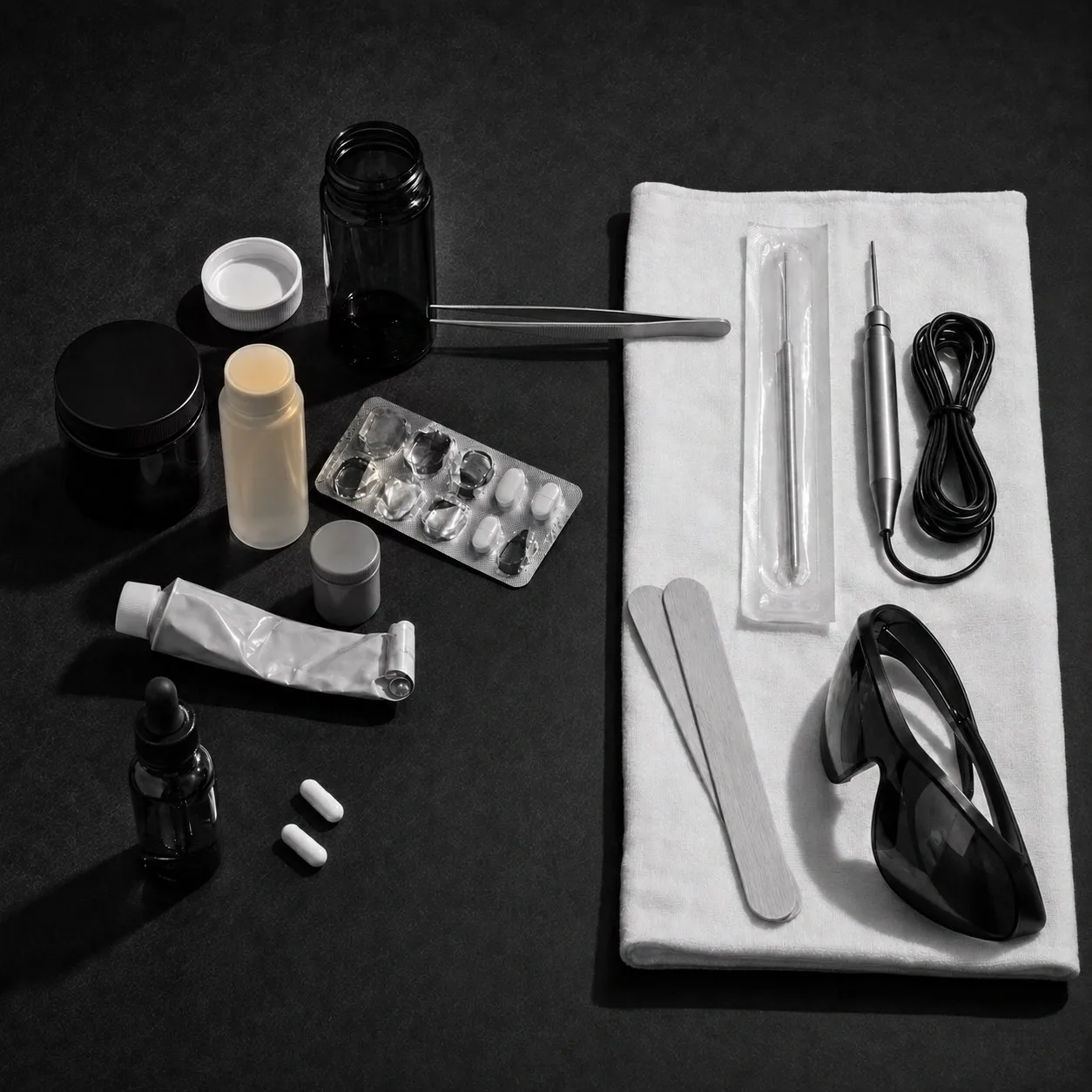 Pill bottles, blister packs, creams and a dropper laid out beside electrolysis probes, tweezers and laser safety goggles