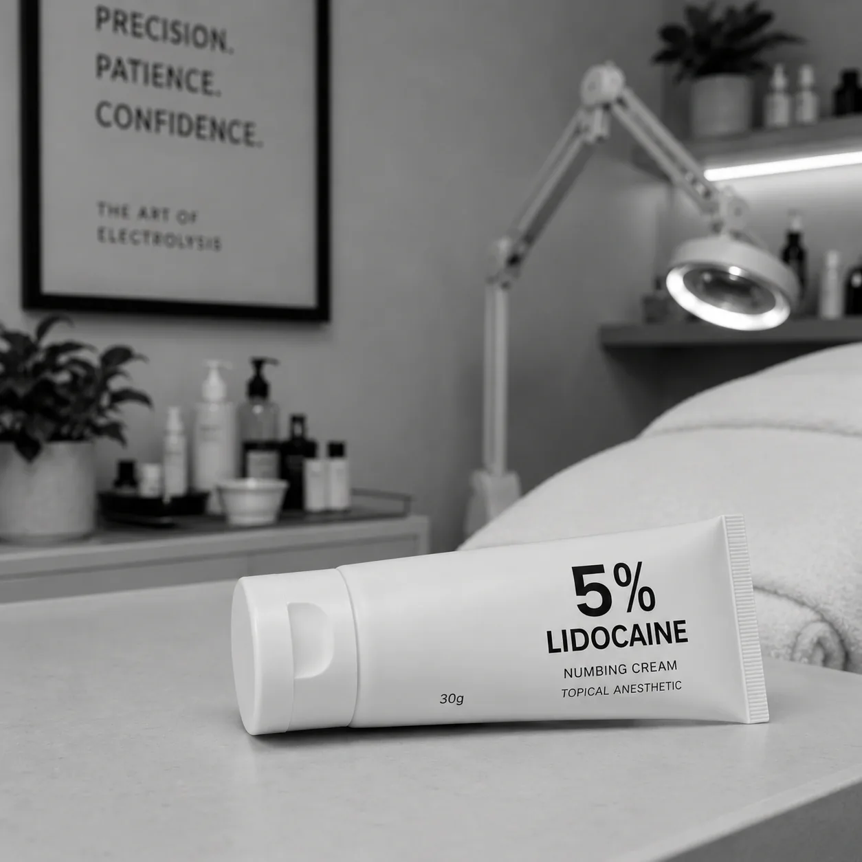 A tube of 5% lidocaine numbing cream on a treatment room counter below a framed sign reading Precision Patience Confidence