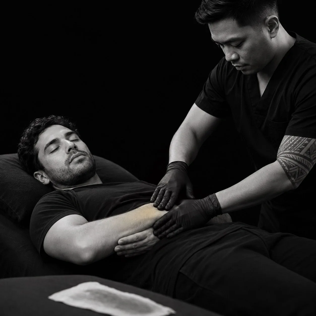 Black and white photograph of an esthetician pressing a flat gloved palm onto a client's forearm immediately after a wax strip, the client lying calm with eyes closed.