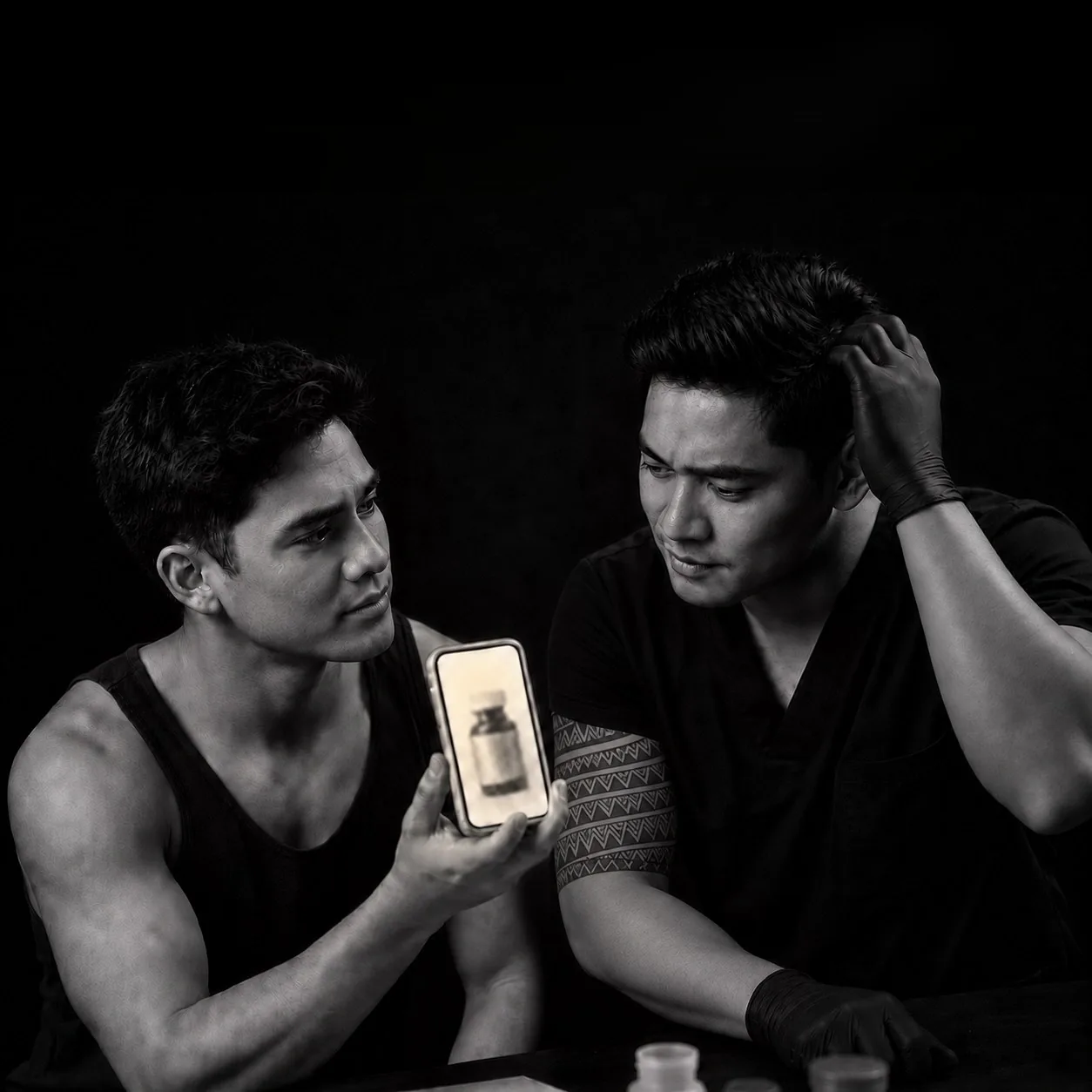 Black and white photograph of a client showing an esthetician a photo of a medicine bottle on his phone across a consultation table.