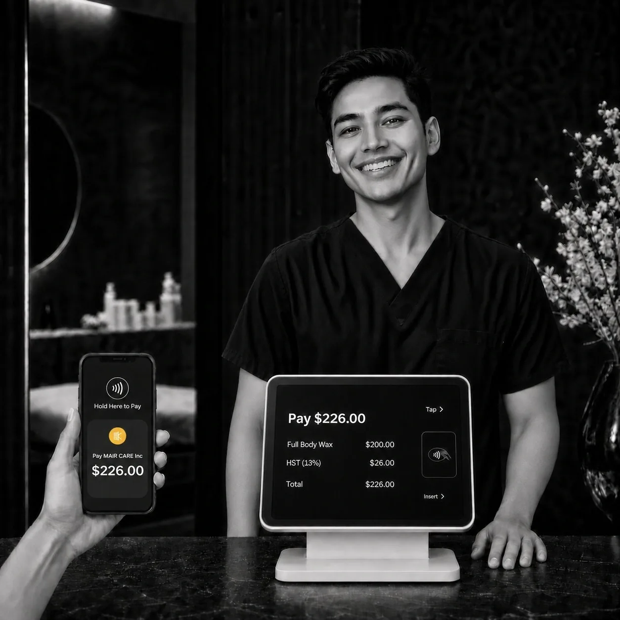 A client tapping a phone to pay a $226.00 MAIR Care invoice on a Square terminal in Toronto.