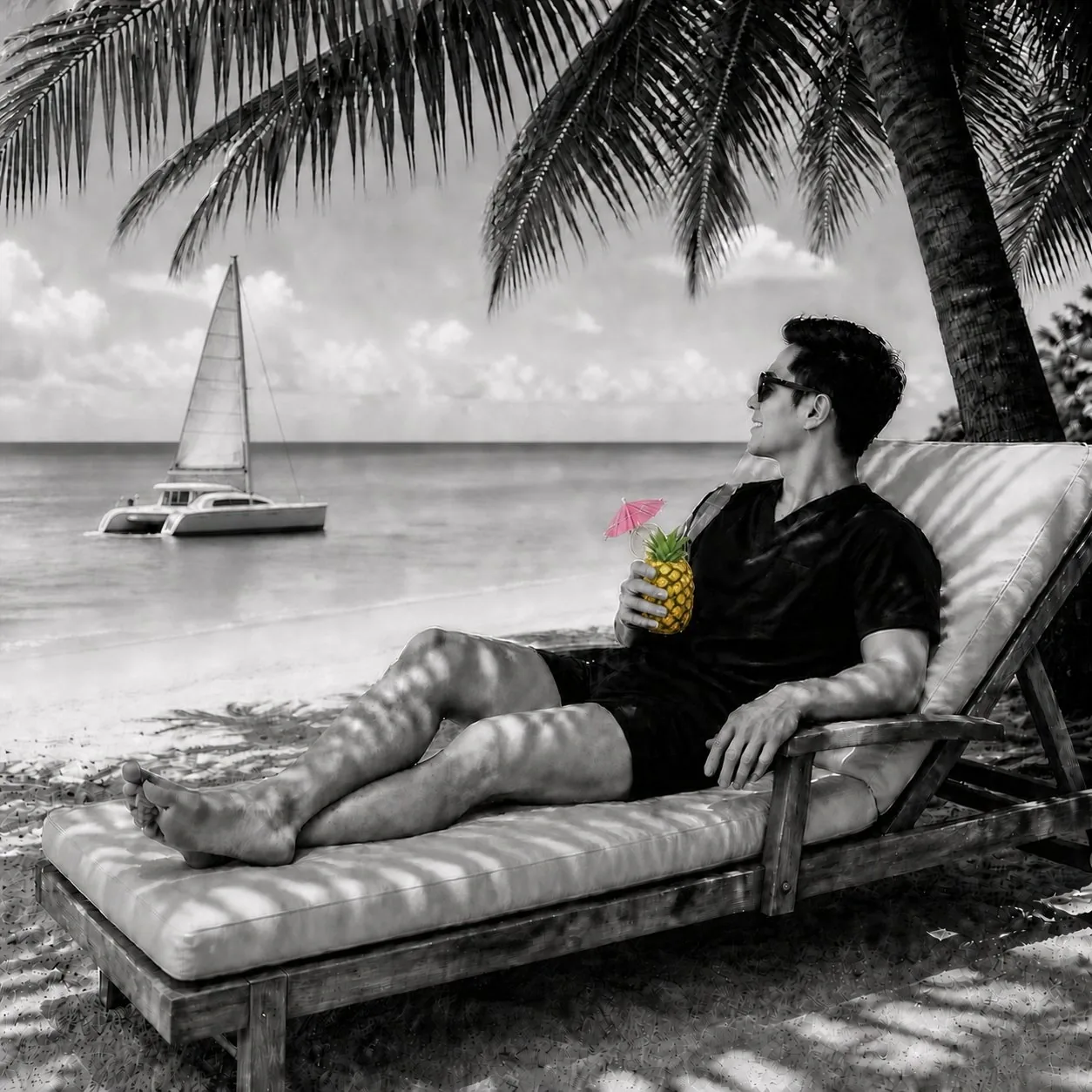 A man relaxing on a beach lounger with a pineapple drink, a catamaran anchored offshore, after a trip paid for with travel points.