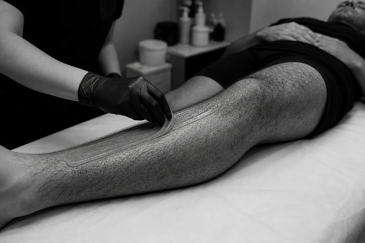 esthetician pulling sugaring on a hairy leg
