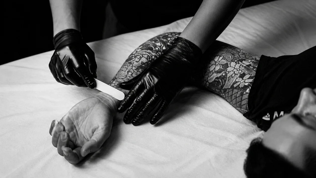 A gloved MAIR Care technician lifts a spatula of dark hard wax and a spatula of pale cream wax from two labeled warmers