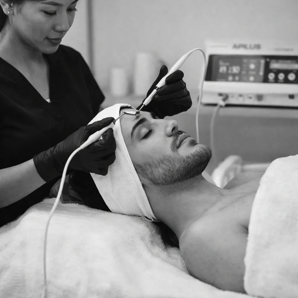 An esthetician performing a galvanic anaphoresis treatment on a reclining male client using an Apilus unit