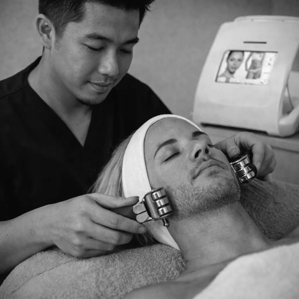 esthetician working on a trans client performing Anaphoresis and Cataphoresis