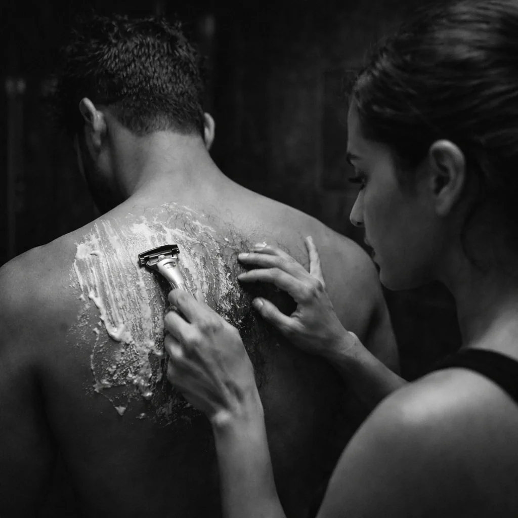 A woman shaving a man's foam-covered back in preparation for hair removal