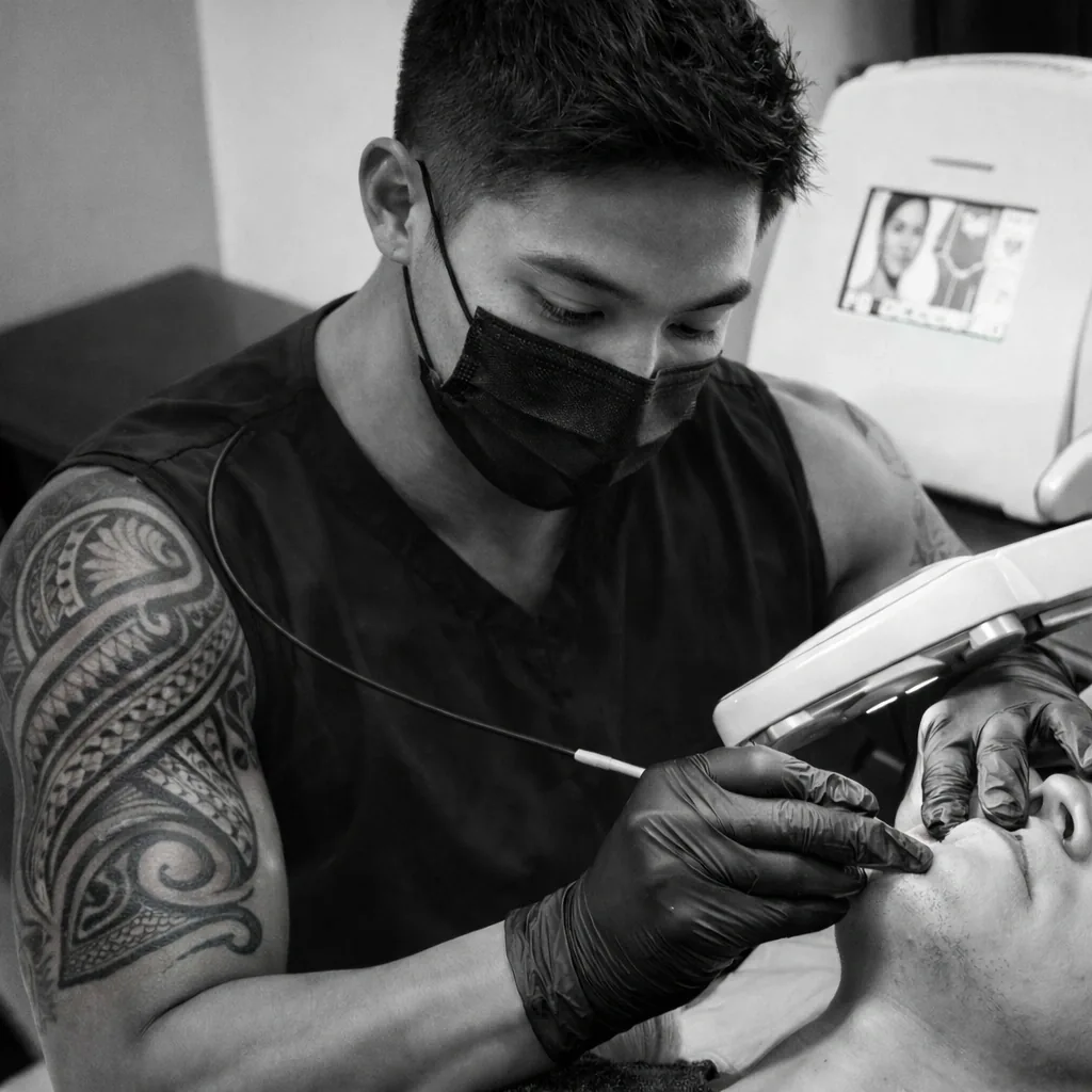 Electrologist performing electrolysis on a patient and before and after photo of face with full beard and reduced hair for the after photo