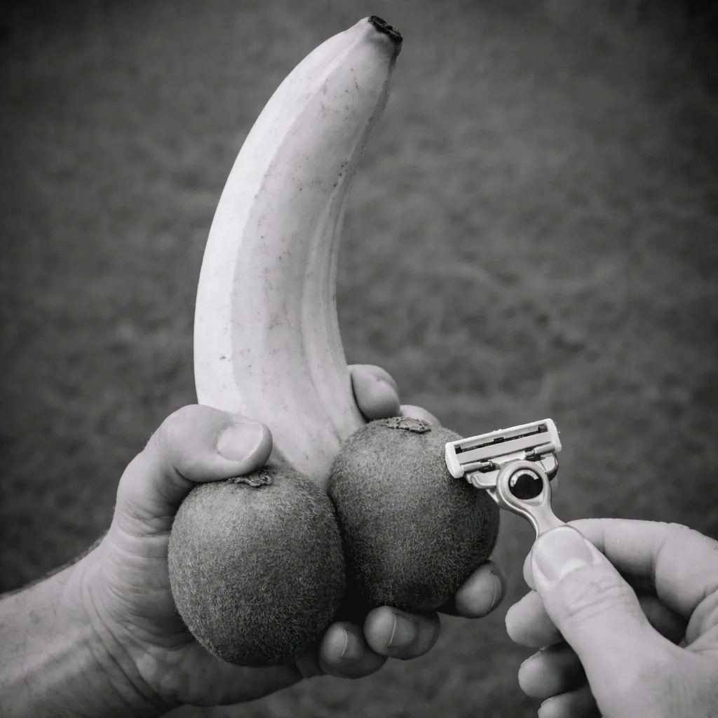 holding banana and kiwis and shaving kiwis and man in a speedo