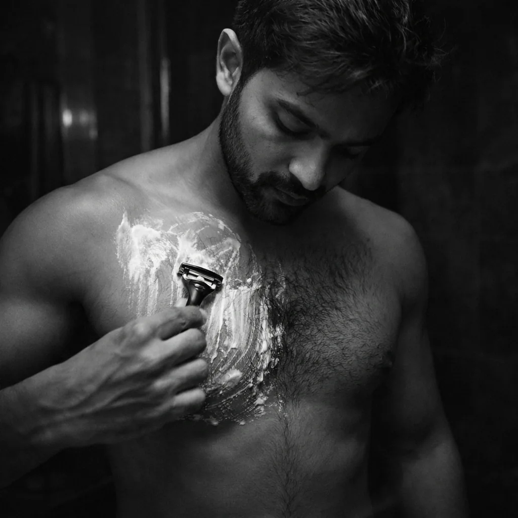 man shaving his chest and a woman shaving his back