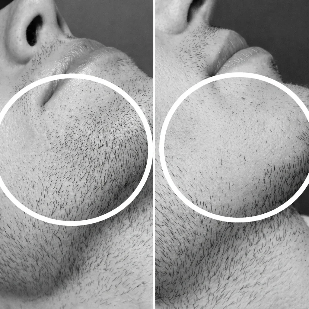 Side-by-side close-ups of a jawline and neck, each circled to show the change in hair density after treatment