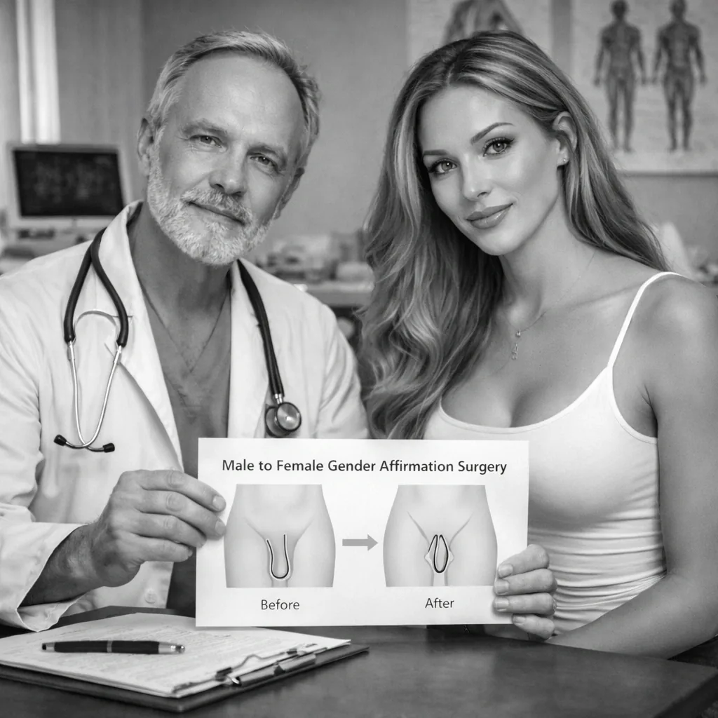doctor and his patient showing a diagram of Gender Affirmation Surgery