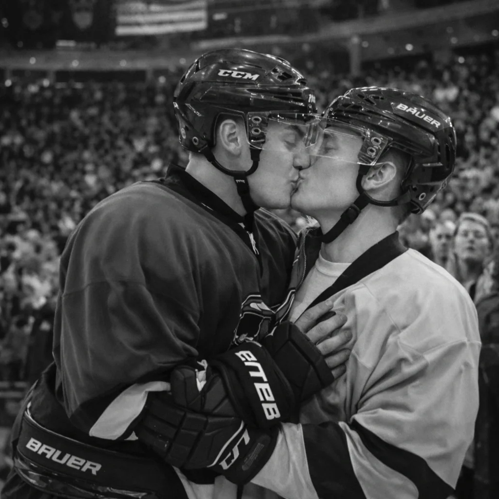 Two hockey players in helmets and jerseys sharing a kiss on the ice in front of a crowd