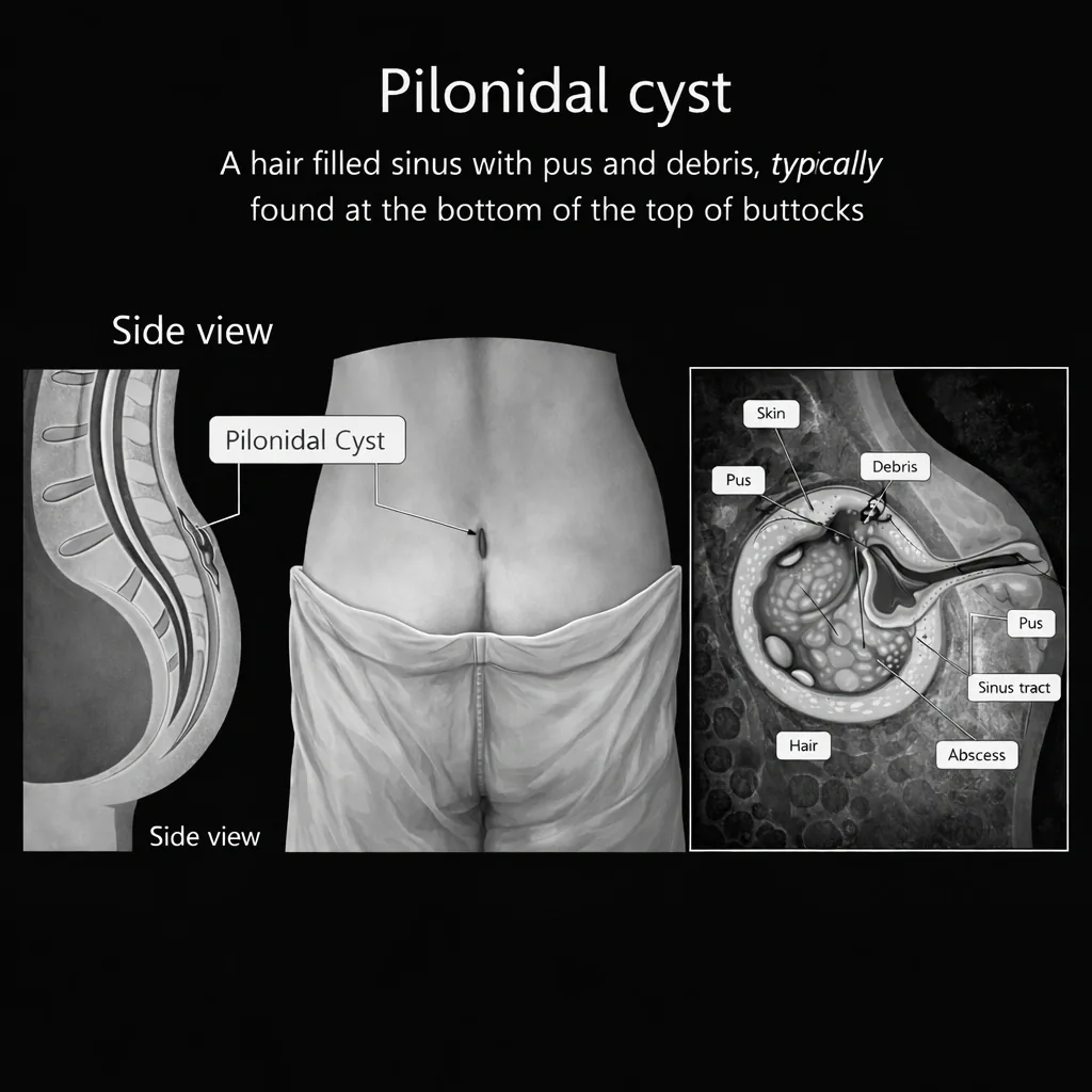 Medical diagram of a pilonidal cyst showing a side view and a cross-section of the hair-filled sinus tract