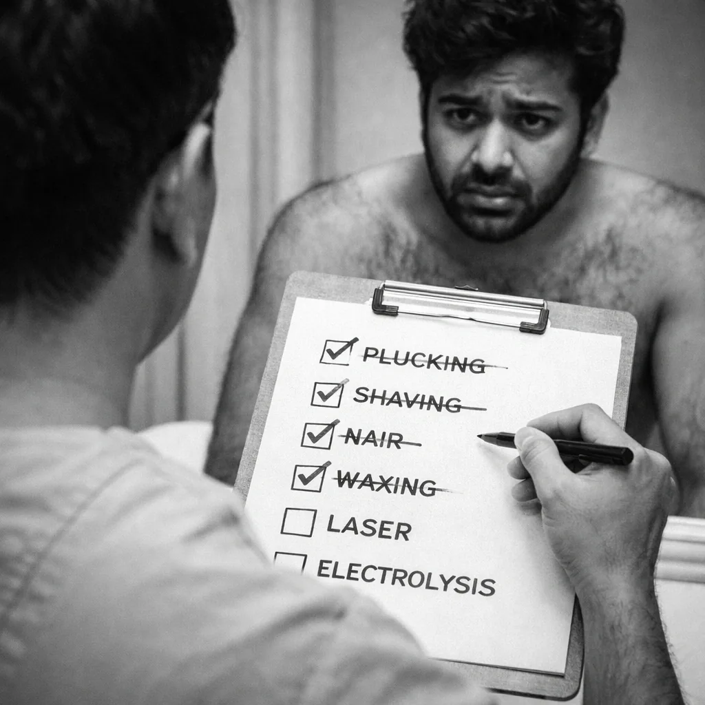 A clipboard checklist with plucking, shaving, Nair and waxing ticked and crossed out while laser and electrolysis remain unticked
