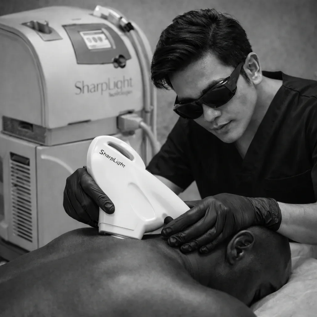 A technician in safety goggles treating a client with dark skin using a SharpLight laser handpiece