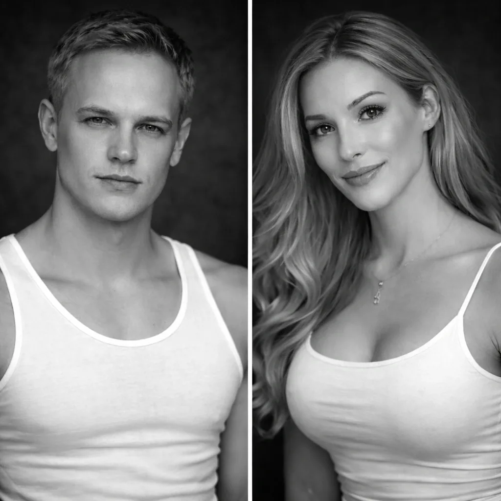 Side-by-side portraits of a person before and after transition, both wearing white tank tops