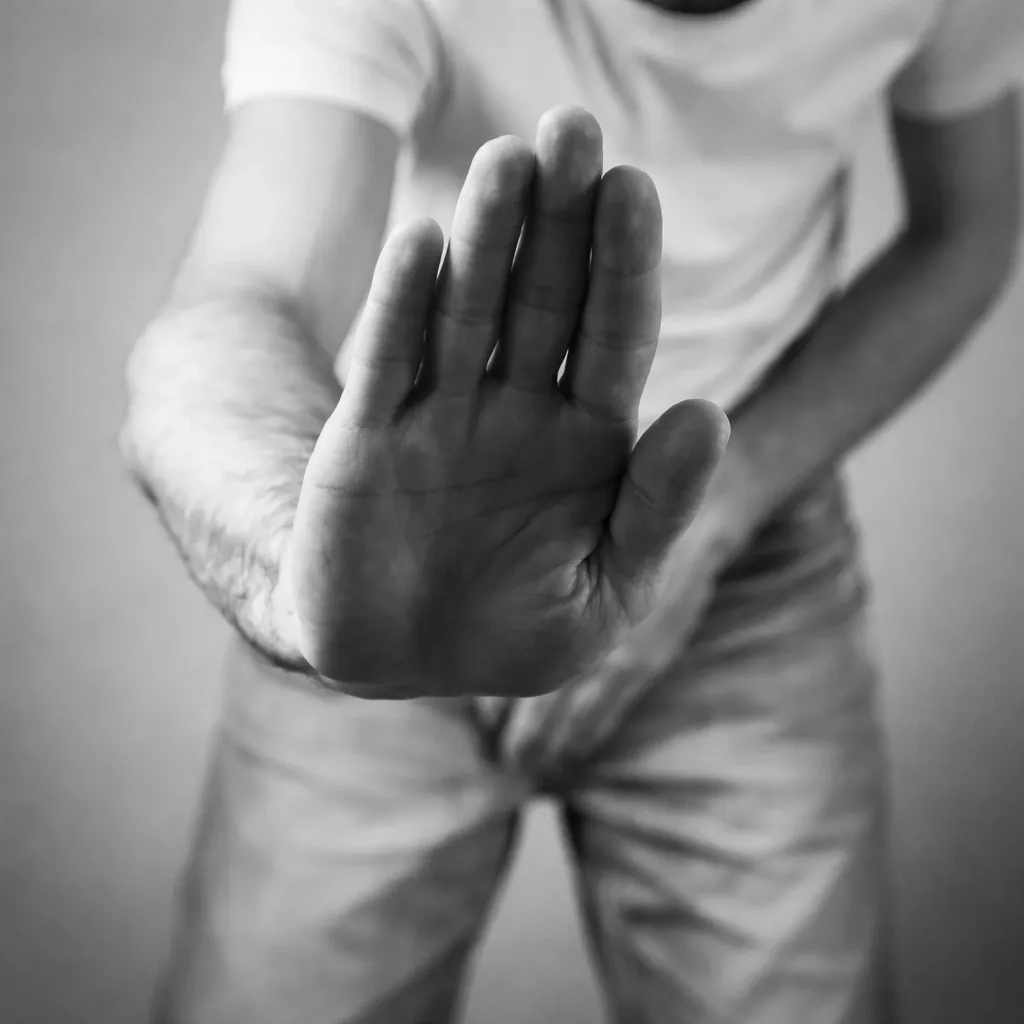 A raised open palm held in a stop gesture in front of a person's body