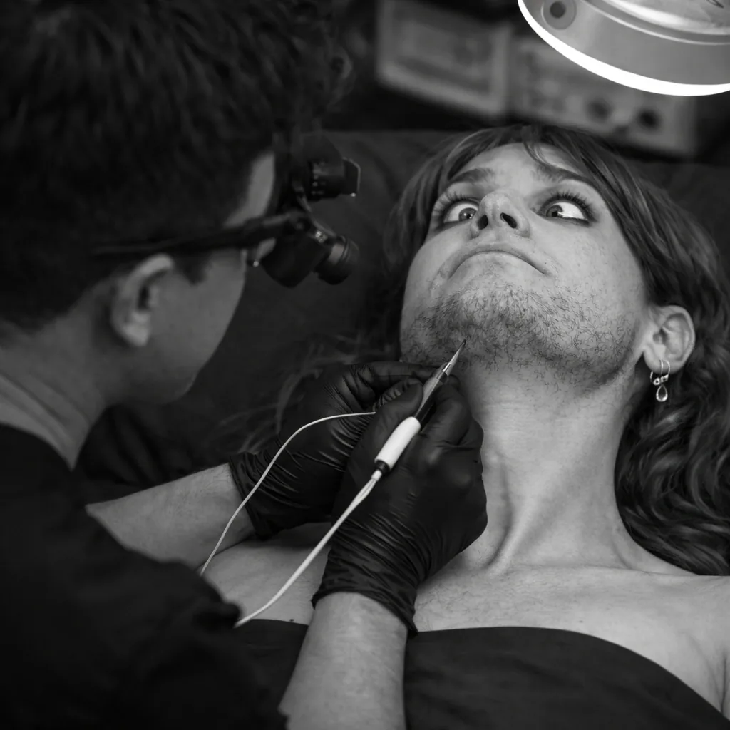 A woman grimacing while an electrologist treats her chin with a probe under a magnifying lamp