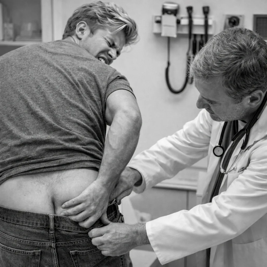 photo of a man in pain with a doctor looking at his buttock due to anal fistula and a diagram of what that is