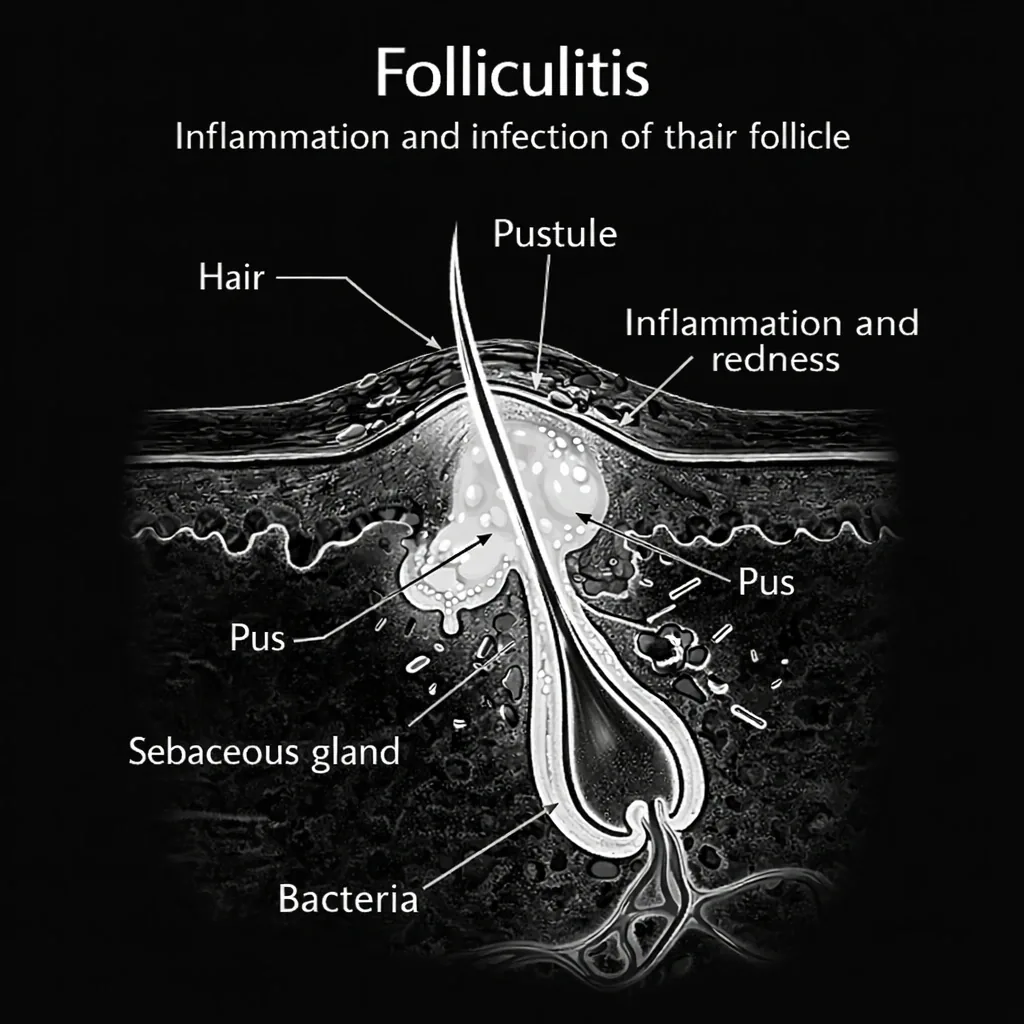 Labelled cross-section diagram of folliculitis showing a hair follicle with pustule, pus, bacteria and inflammation