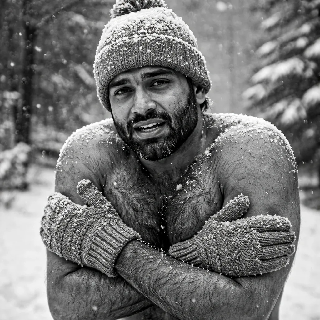 A bearded shirtless man hugging himself in falling snow, dusted with frost