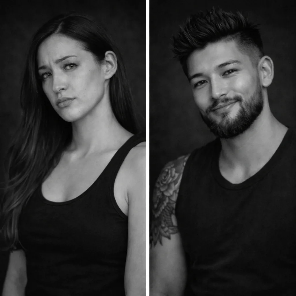 Side-by-side portraits of the same person before and after transition, long hair on the left and a bearded short-haired look on the right