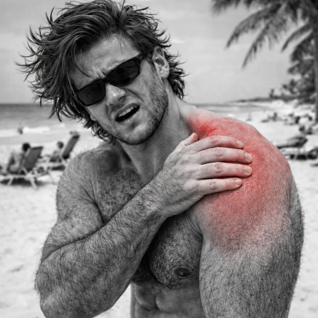 indian man topless with toque and mittens and white man with sunburn