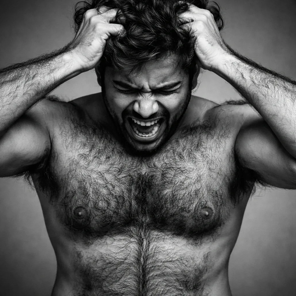 indian man pulling out his hair angry and esthetician reading a list of hair removal methods with Indian man in front of him