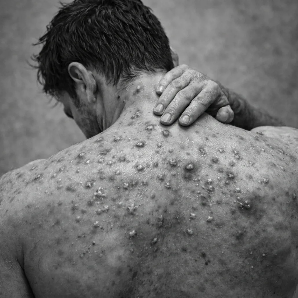 Close-up of a man's bare upper back covered in raised, inflamed folliculitis bumps