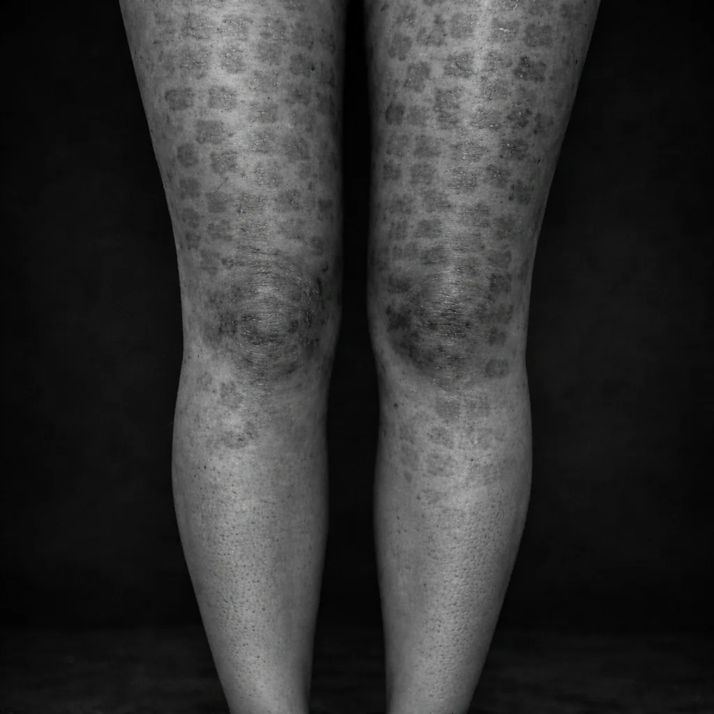 Backs of two lower legs showing widespread patchy post-inflammatory hyperpigmentation