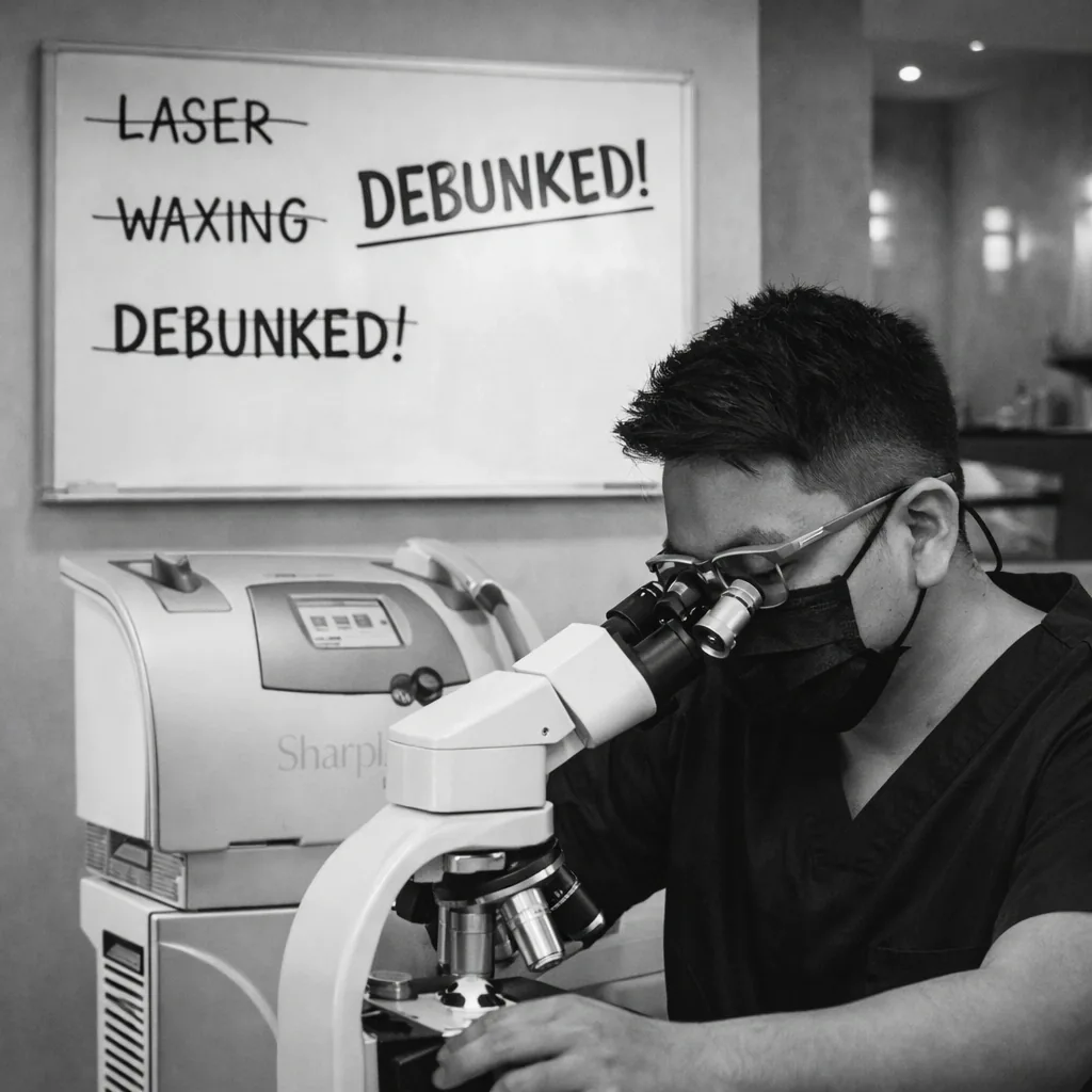 A clinician at a microscope beside a whiteboard where laser and waxing myths are crossed out and marked debunked