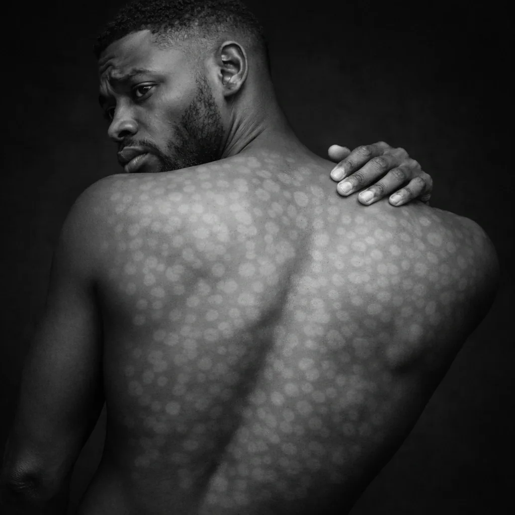 pair of legs with Hyperpigmentation and Hypopigmentation on back from burns from laser treatment