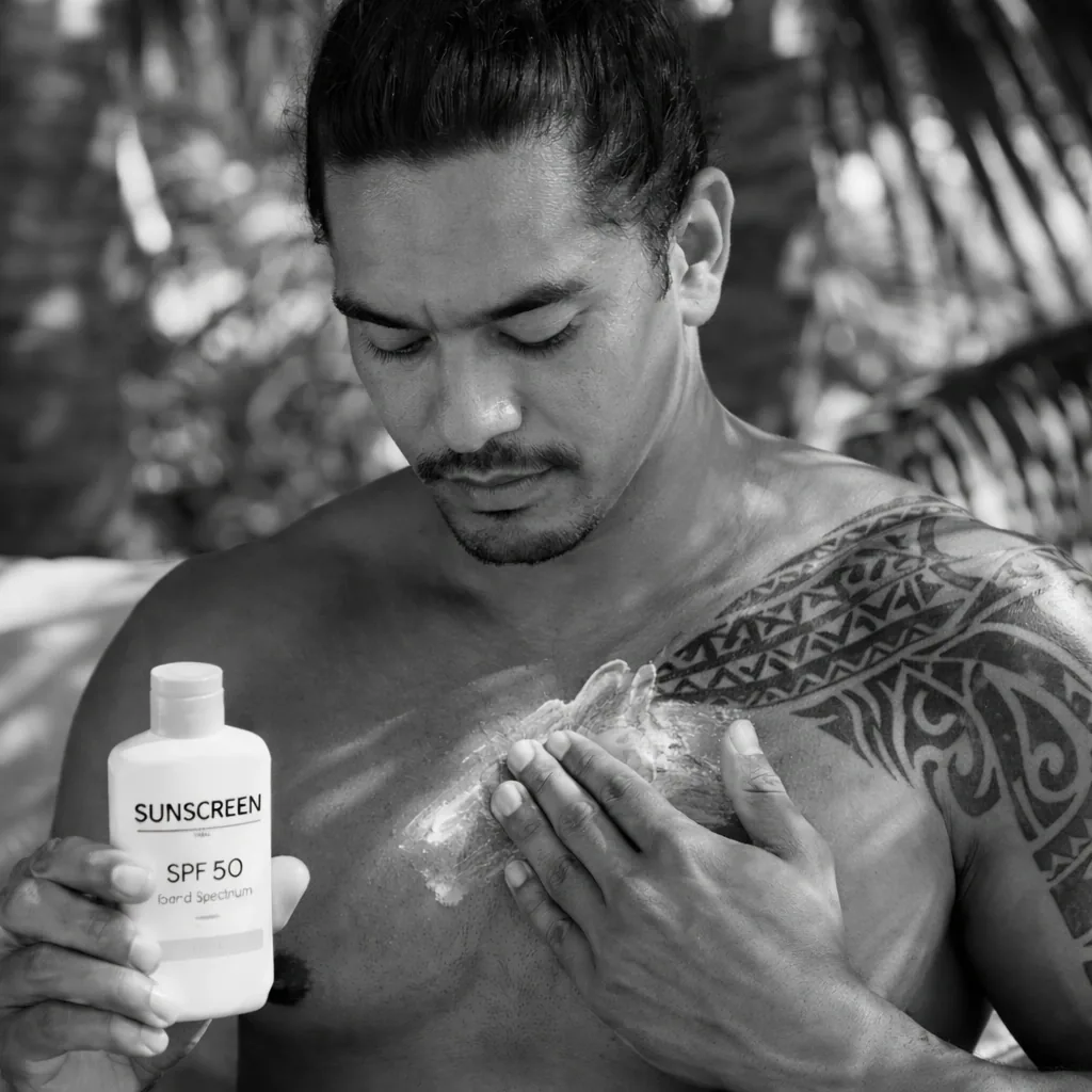 man applying sunscreen on his body