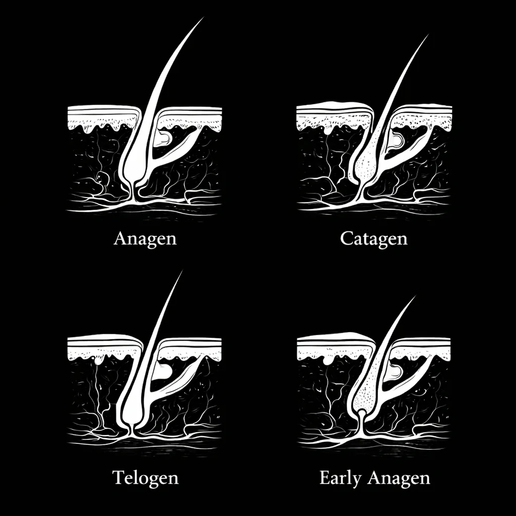 Four labelled diagrams of the hair growth cycle showing the anagen, catagen, telogen and early anagen phases