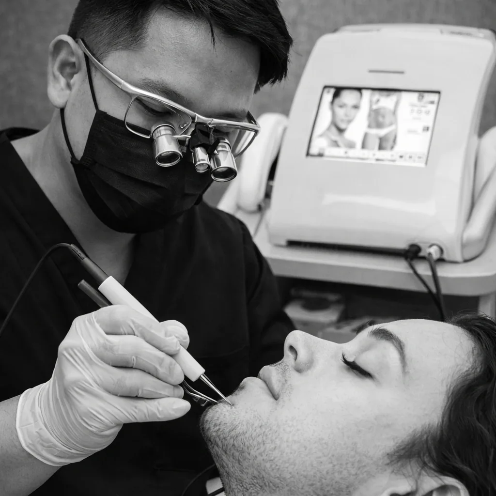 MAN PERFORMING ELECTROLYSIS ON TRANS WOMAN'S FACE